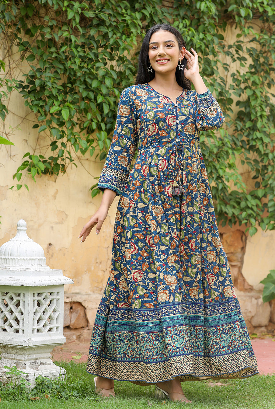 Multicoloured Kalamkari Print Work Pure Silk Anarkali Gown – Maharani